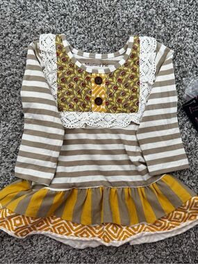 Mustard Pie Taupe, White & Mustard Striped Ruffle Tunic